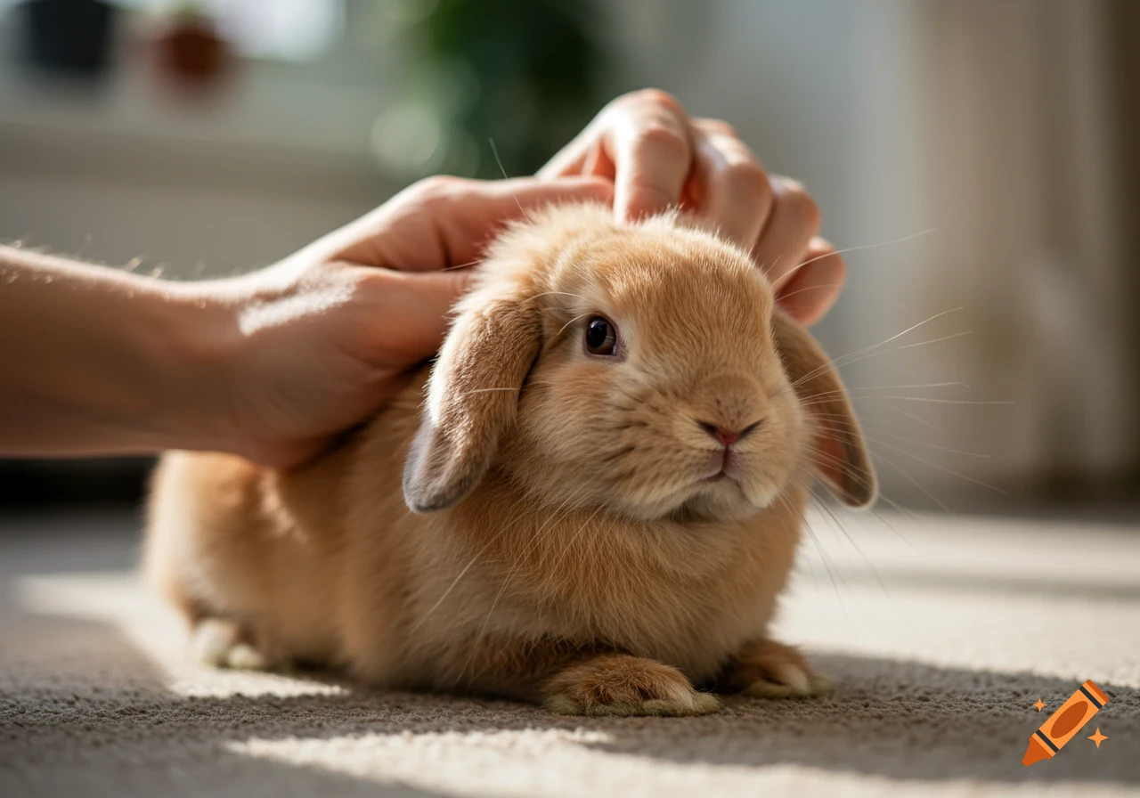 A hand pets a fluffy brown lop-eared rabbit lying on a carpet in warm light.