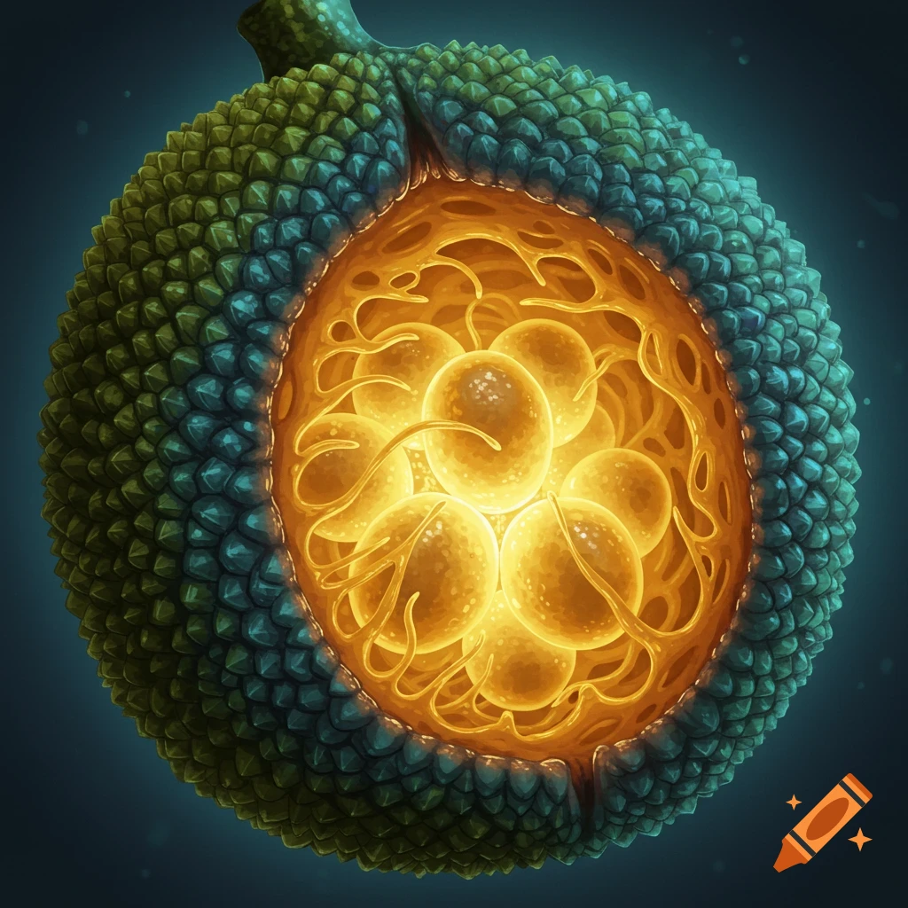 A cross-section of an alien fruit or egg sac with glowing spheres inside.