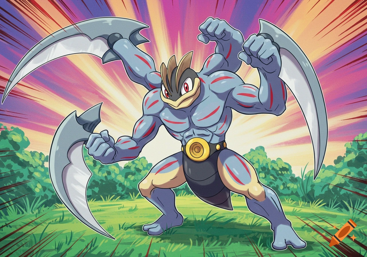A powerful cartoon creature resembling a Machamp and Scyther mix stands in a field holding scythes.