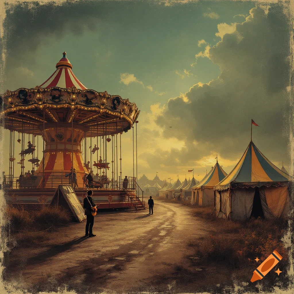Vintage fairground with a carousel, tents, and a musician under a cloudy sky.