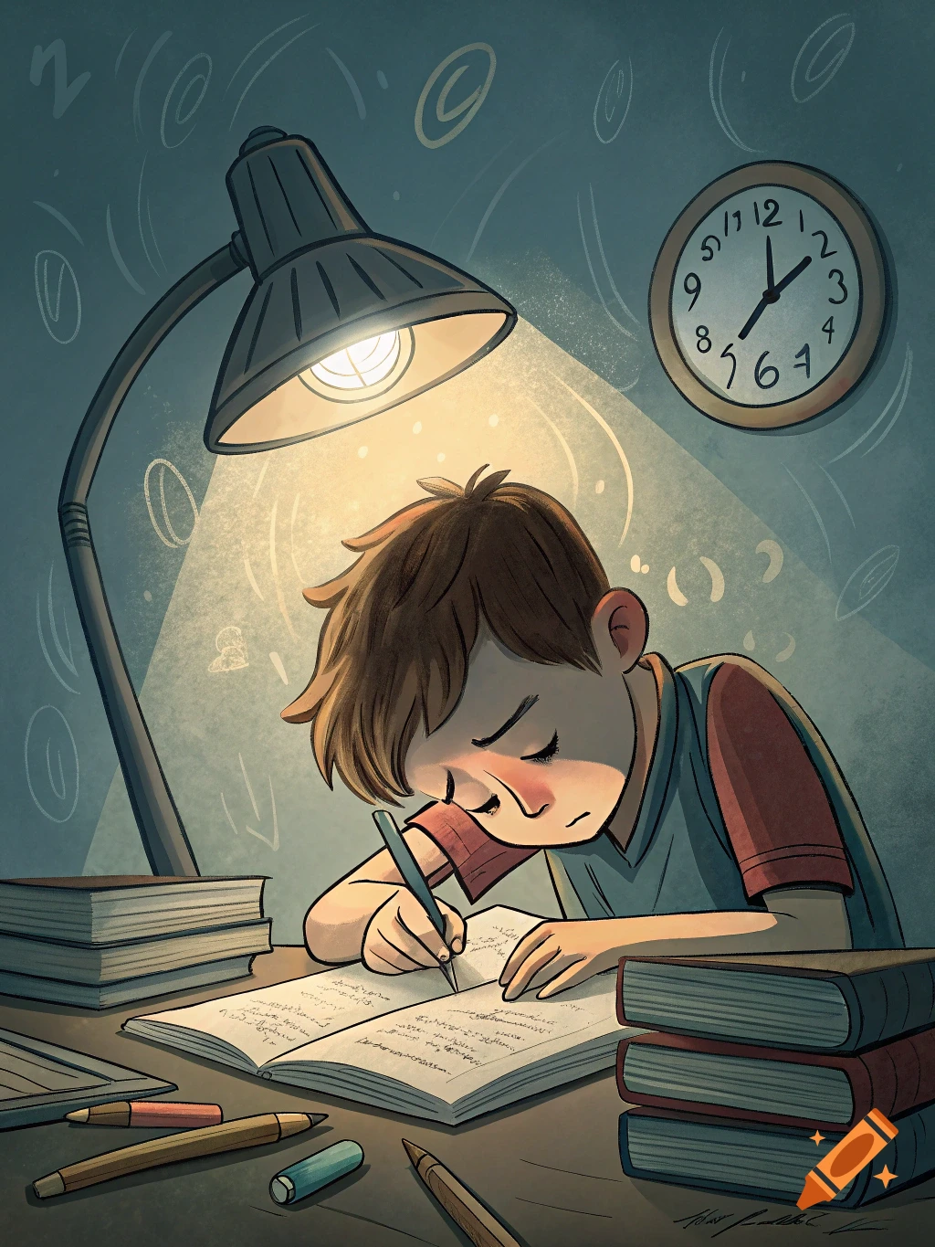 An illustration of a boy studying intently at a desk under the glow of a lamp, with stacks of books and pencils around him and a clock on the wall.