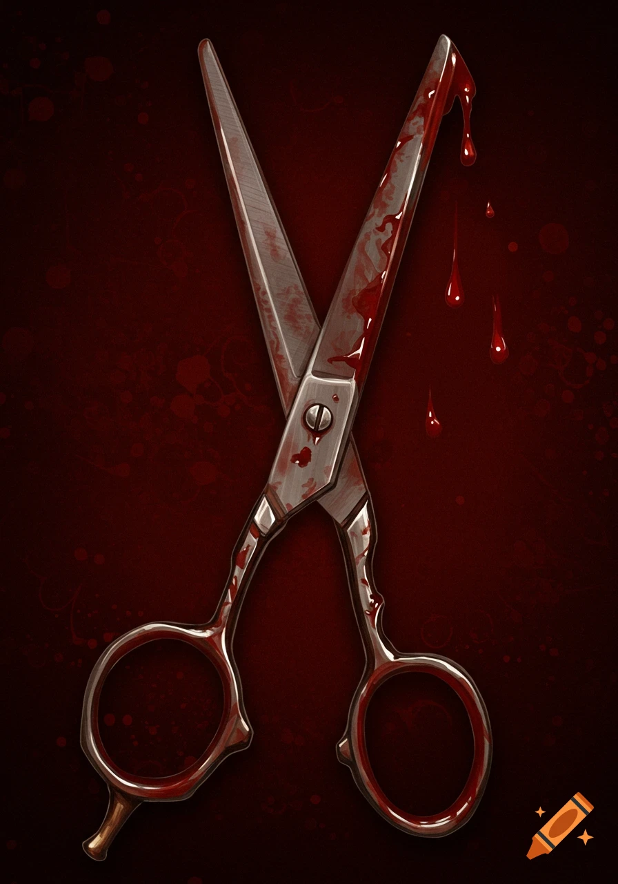 Blood-covered scissors on a red background.