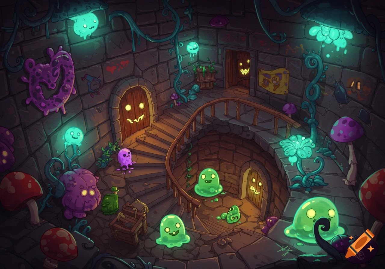 A fun fantasy dungeon with glowing slime monsters, smiling doors, and mushrooms.