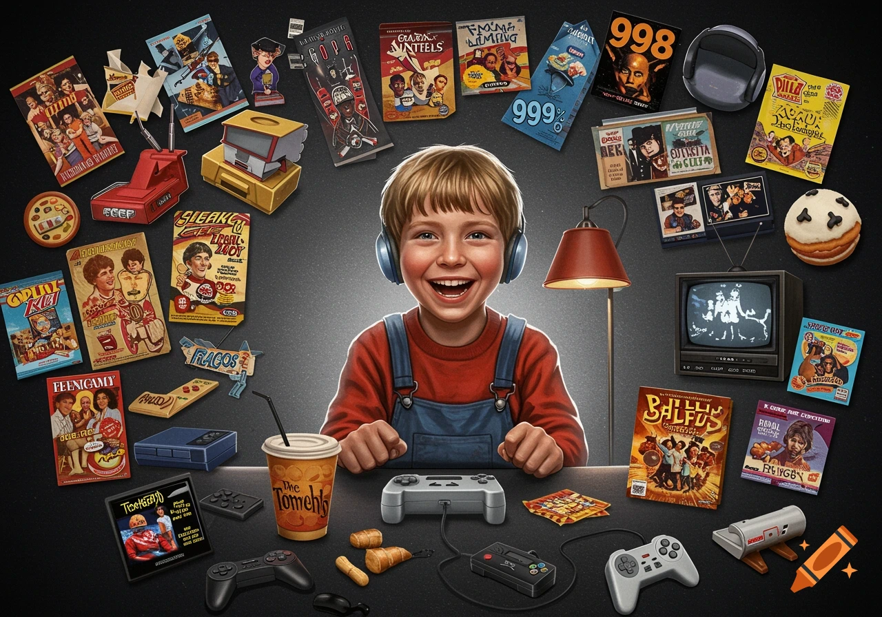 Happy child surrounded by 1990s video games, movies, and pop culture items.