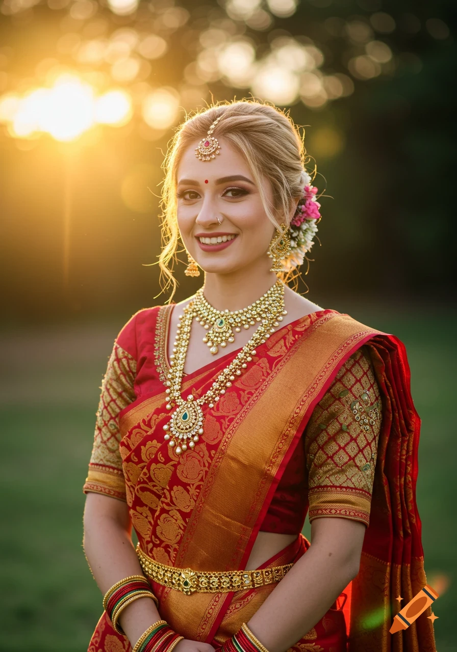 A smiling woman in a red and gold Indian saree and traditional jewelry poses at sunset.