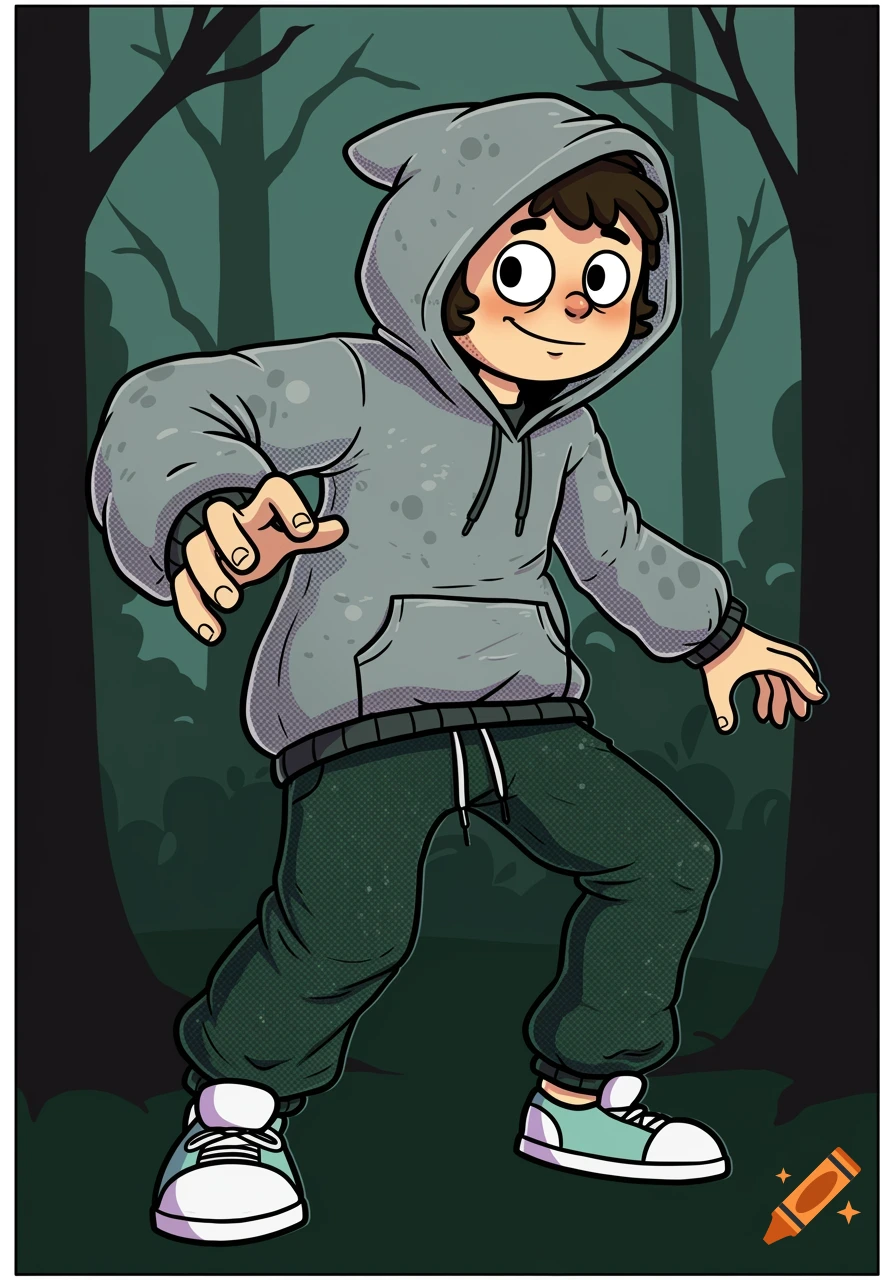 Cartoon boy in grey hoodie and green sweatpants in a forest in a comic book style.
