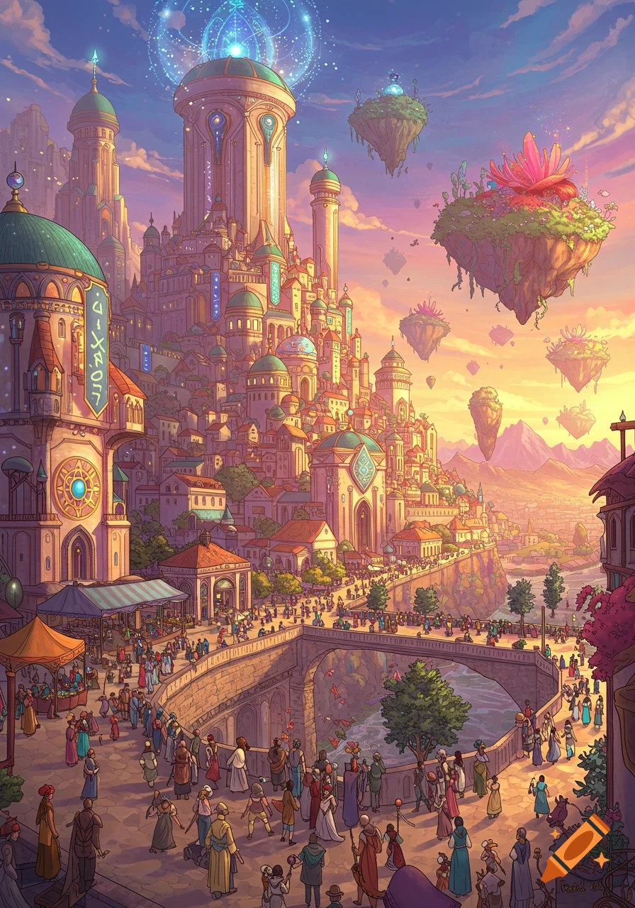 A detailed image of a large fantasy city built on cliffs and bridges, with floating islands in a dramatic sunset sky, and many people walking.