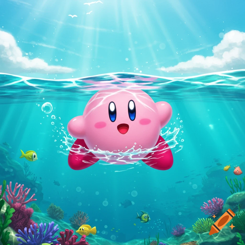 Kirby swimming underwater with fish and coral.