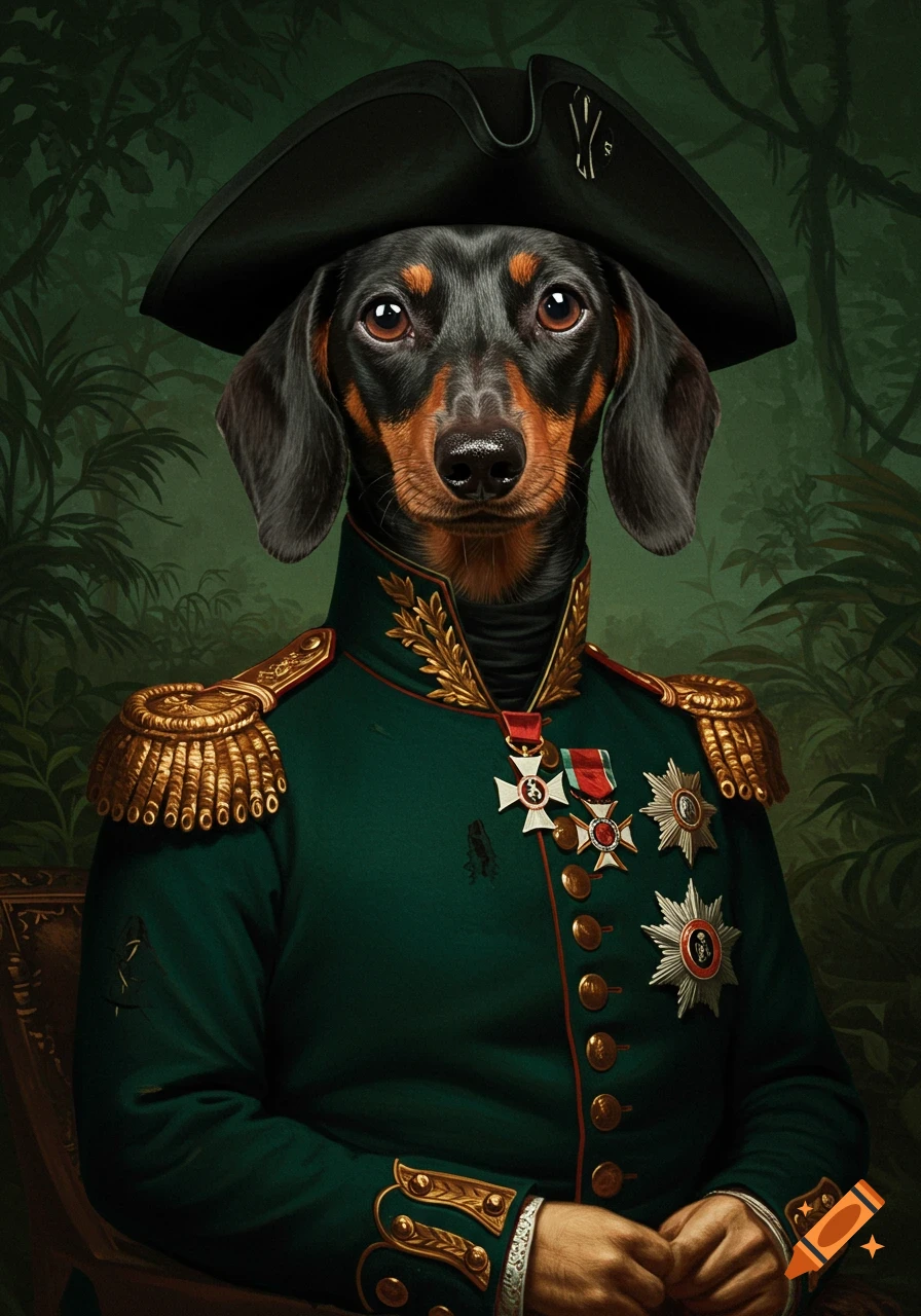 A portrait of a dachshund dog wearing a green military uniform with medals and a black hat in a jungle background.