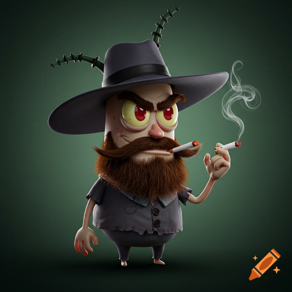 A 3D render of a cartoon character resembling Plankton with a wide-brimmed hat, large beard and mustache, and smoking a cigarette.