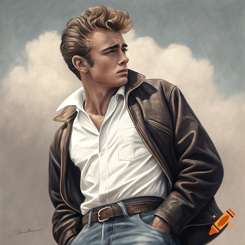Painting of a man with slicked back hair in a leather jacket and jeans.