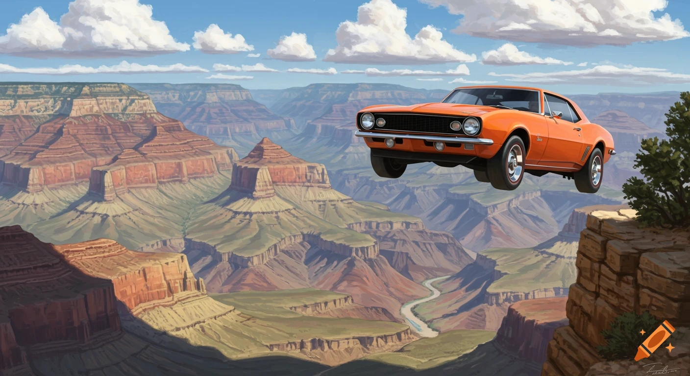 An orange classic car jumps over the Grand Canyon.