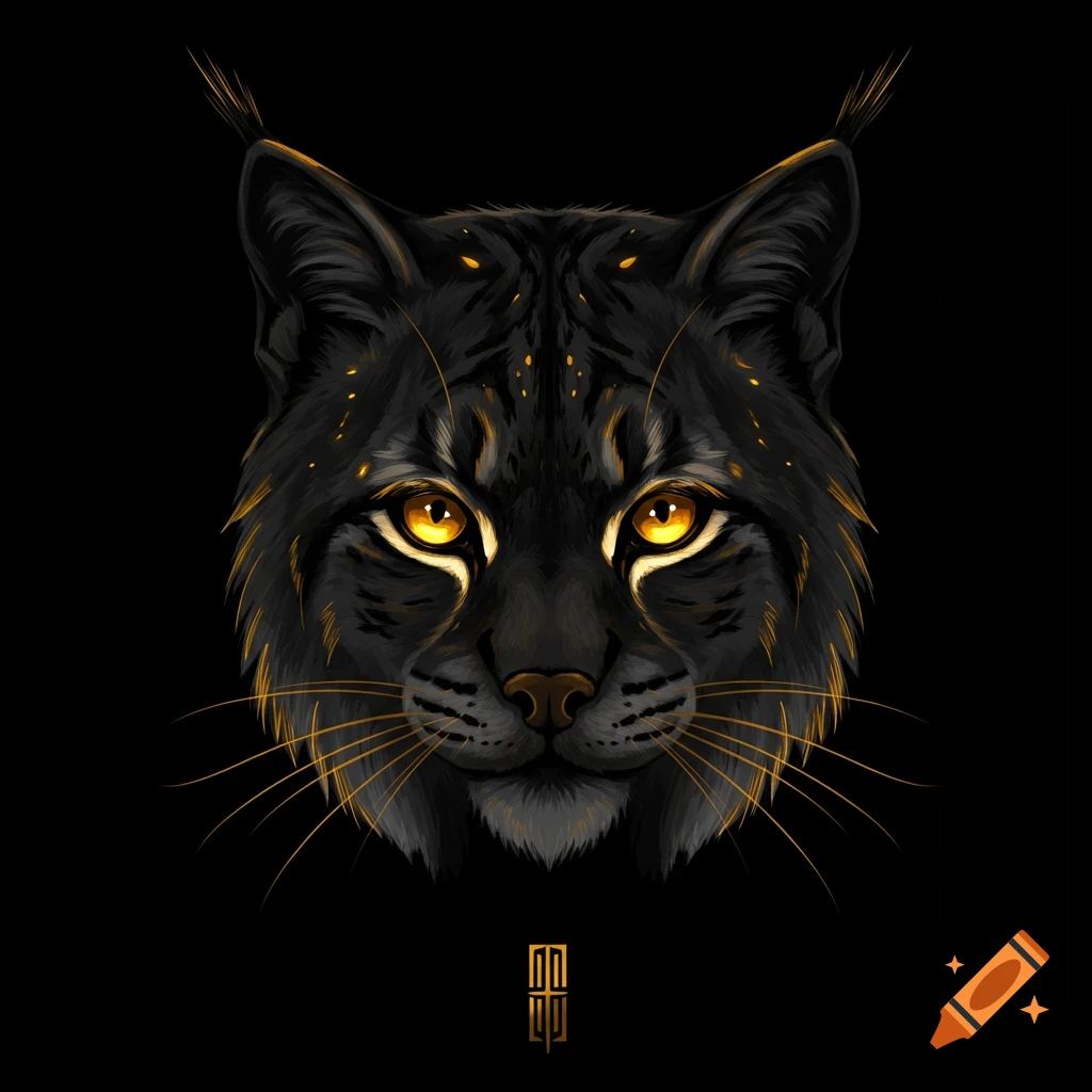 Digital illustration of a fierce black bobcat face with glowing gold eyes on a black background.