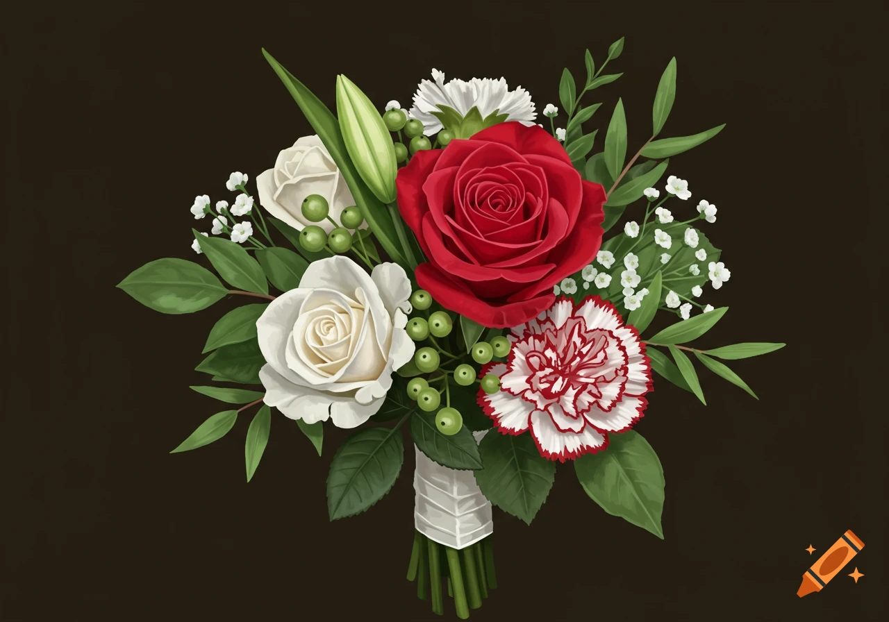 A wedding bouquet with a red rose, white roses, and a red and white carnation, surrounded by greenery.