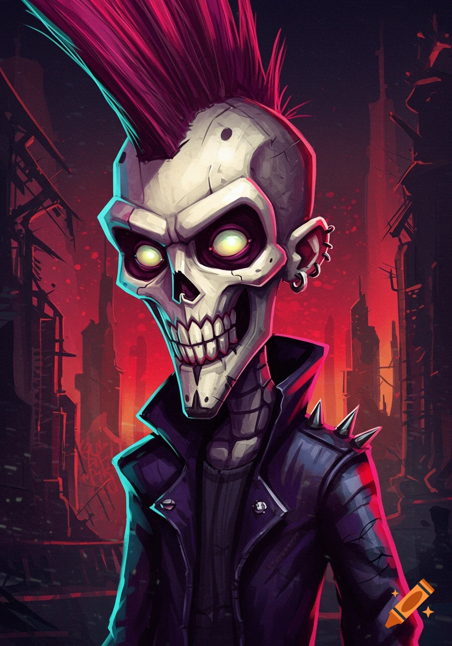 A stylized illustration of a skeleton character with a pink mohawk and studded leather jacket in a futuristic city.