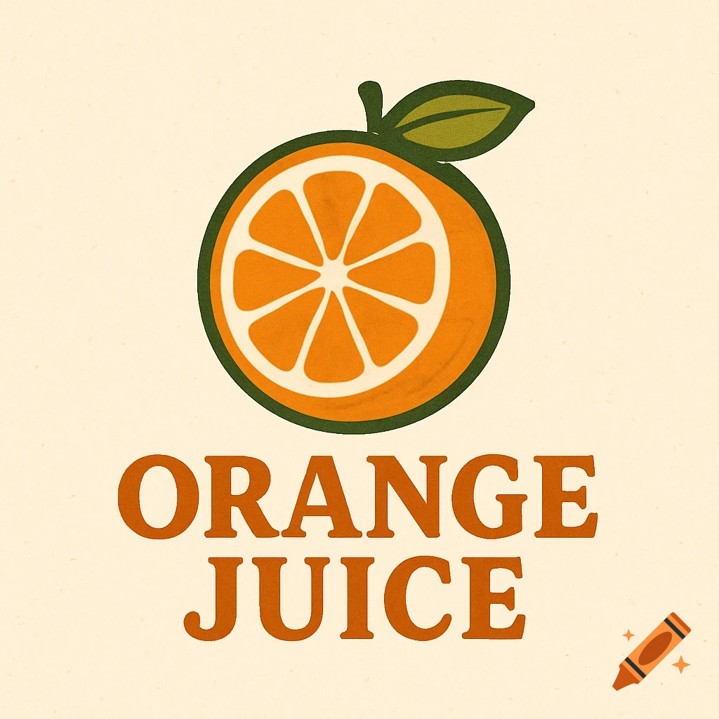 A stylized logo for orange juice featuring an orange slice above the text ORANGE JUICE.