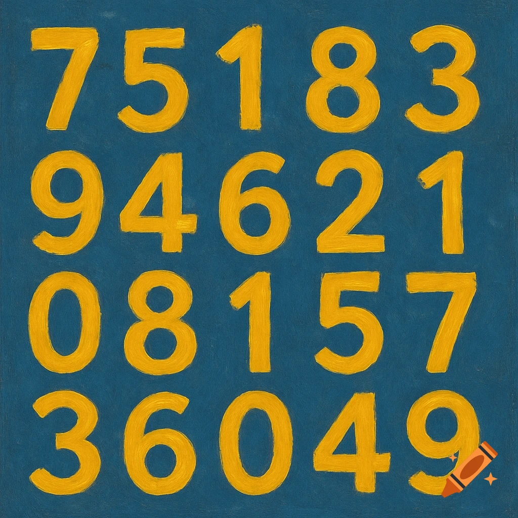 Yellow numbers arranged in rows on a blue background.