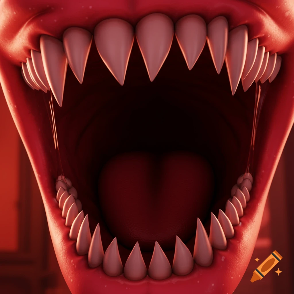 Close-up view inside a wide-open mouth with many sharp, pointed teeth.