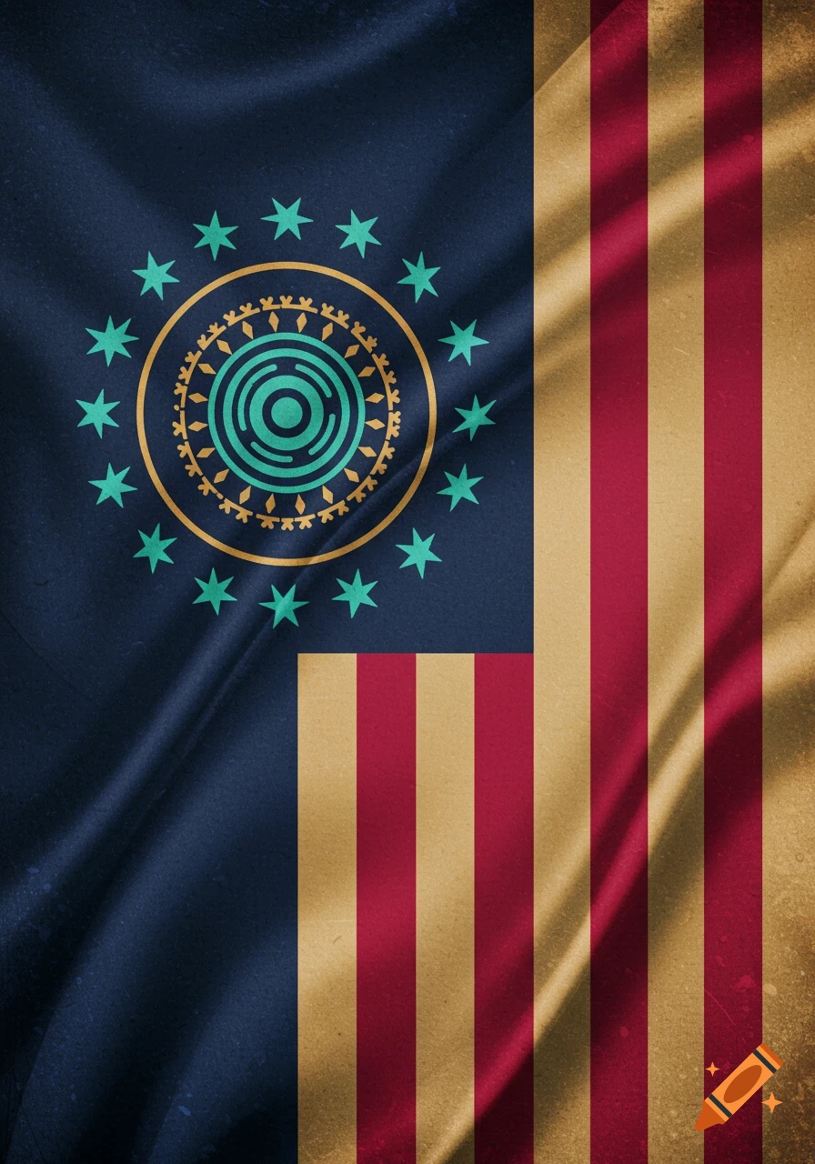 Flag inspired by the US flag, featuring a blue field with green stars and a circular design, and red and gold stripes.