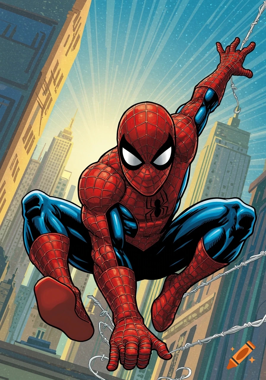 Spider-Man swings through a city skyline.