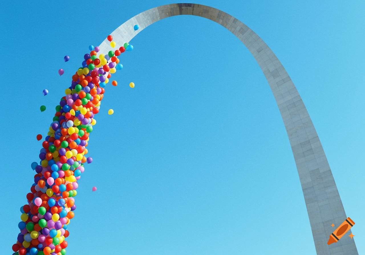 The St. Louis Arch with colorful balloons forming an arch against a blue sky.