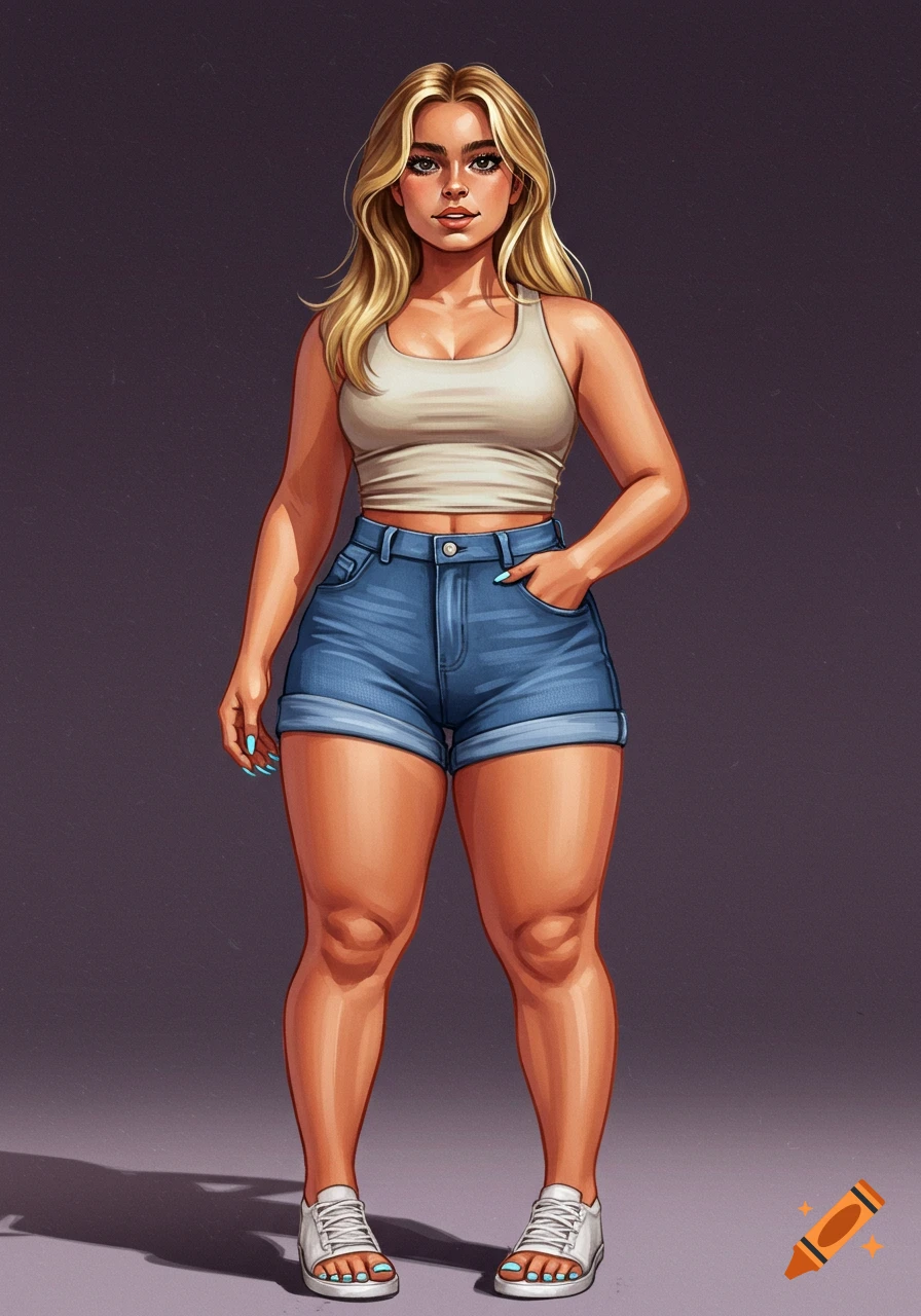 A woman with blonde hair wearing a tank top, denim shorts, and sneakers.
