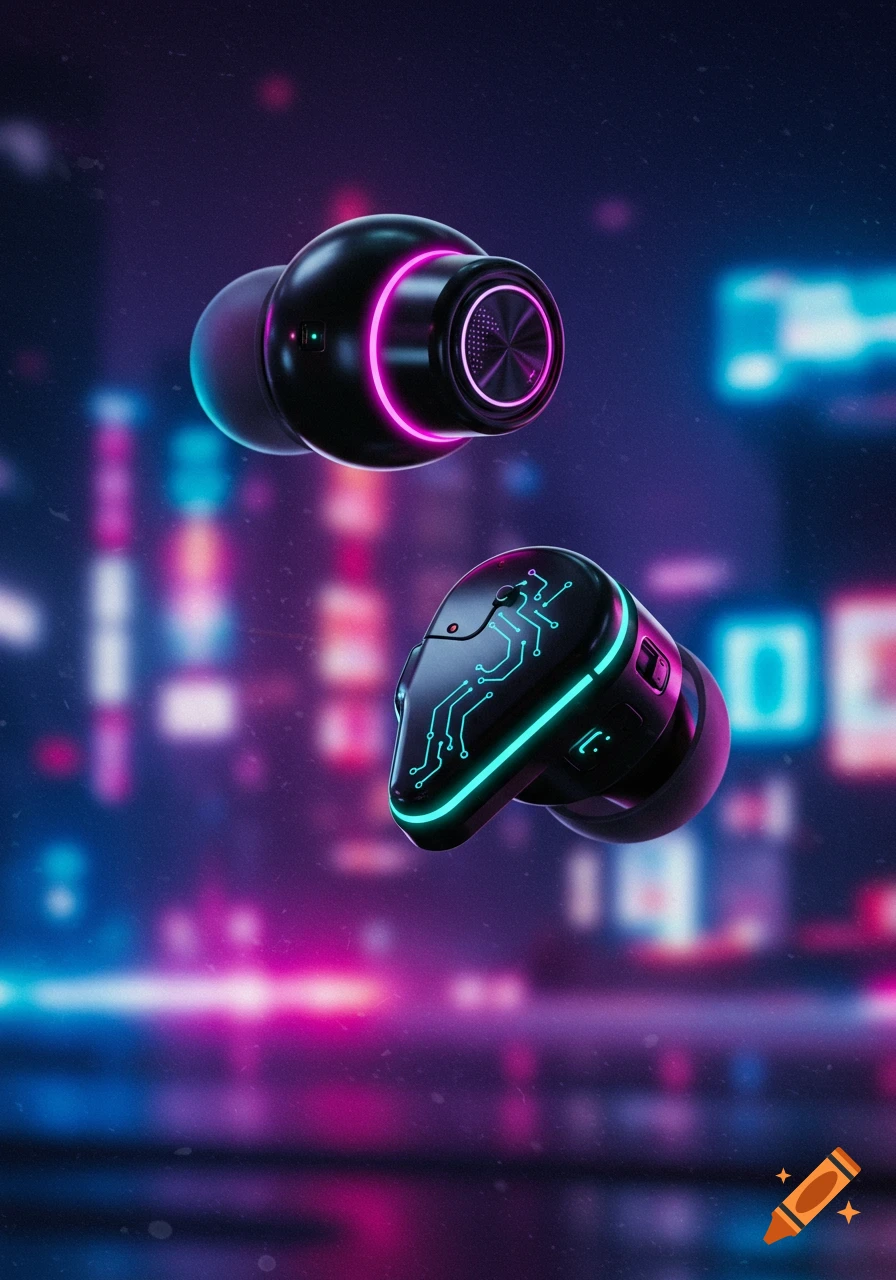 Two futuristic black earbuds with neon pink and blue lights floating against a blurred cyberpunk city background.
