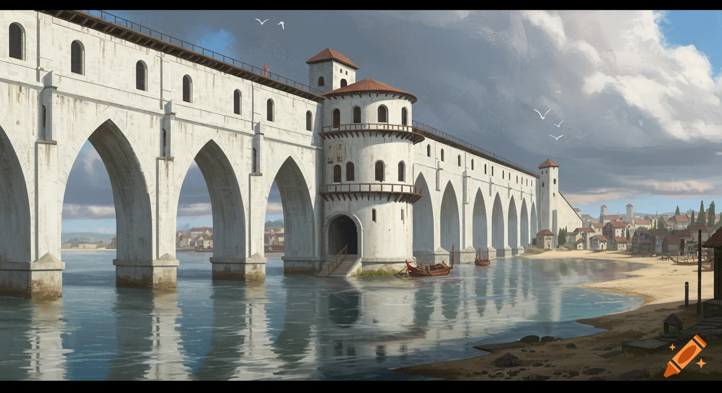A large medieval stone bridge over a river, with a round building structure and a town on the shore.