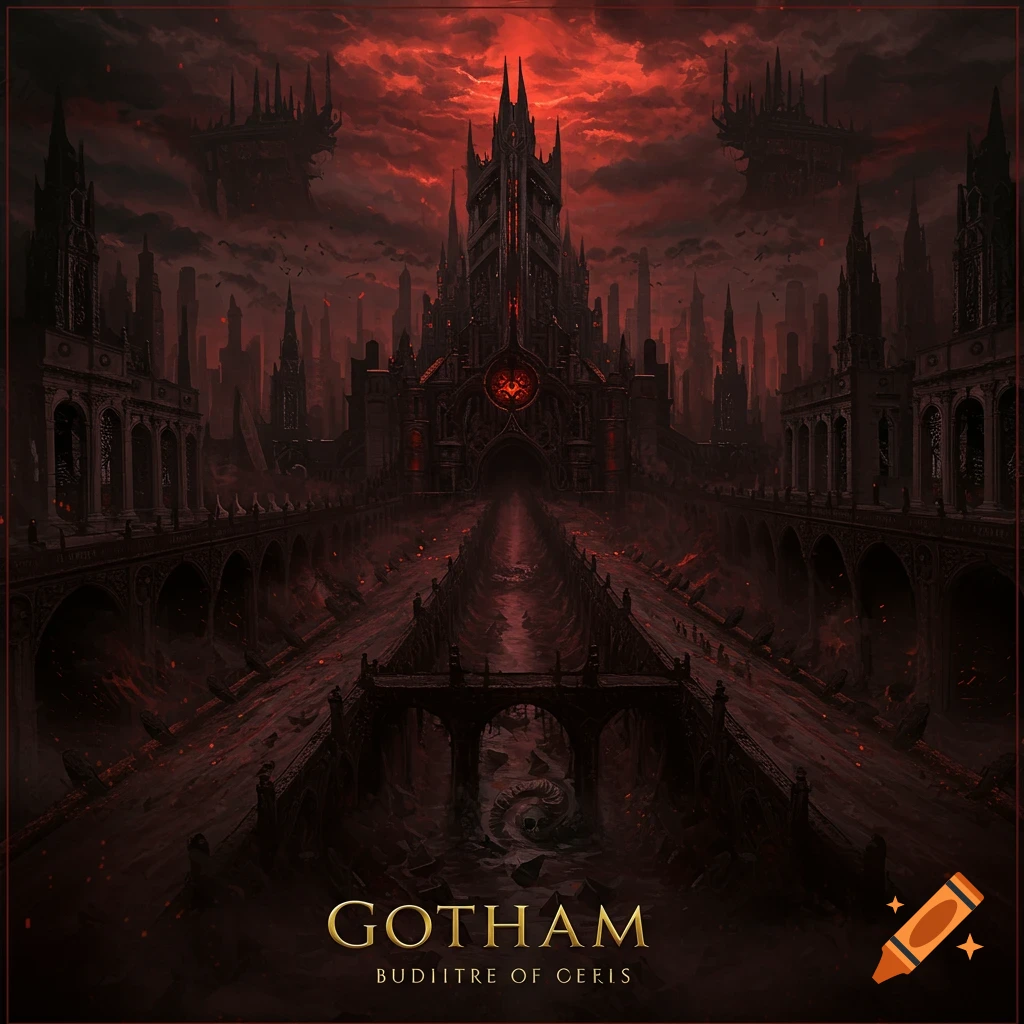 A dark, gothic cityscape under a red sky with a large central building and text 'GOTHAM'.