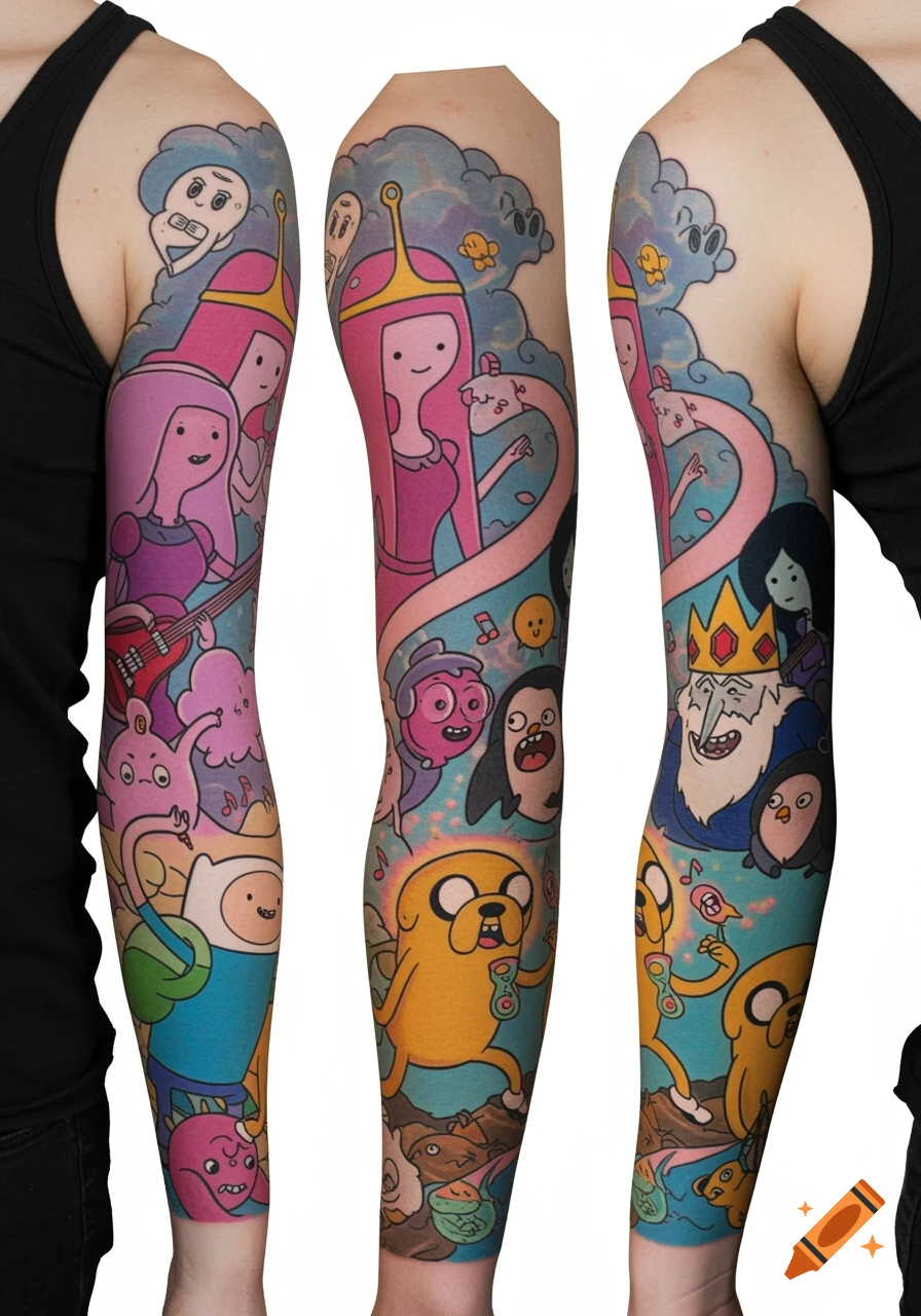 Adventure Time full sleeve tattoo featuring multiple characters.