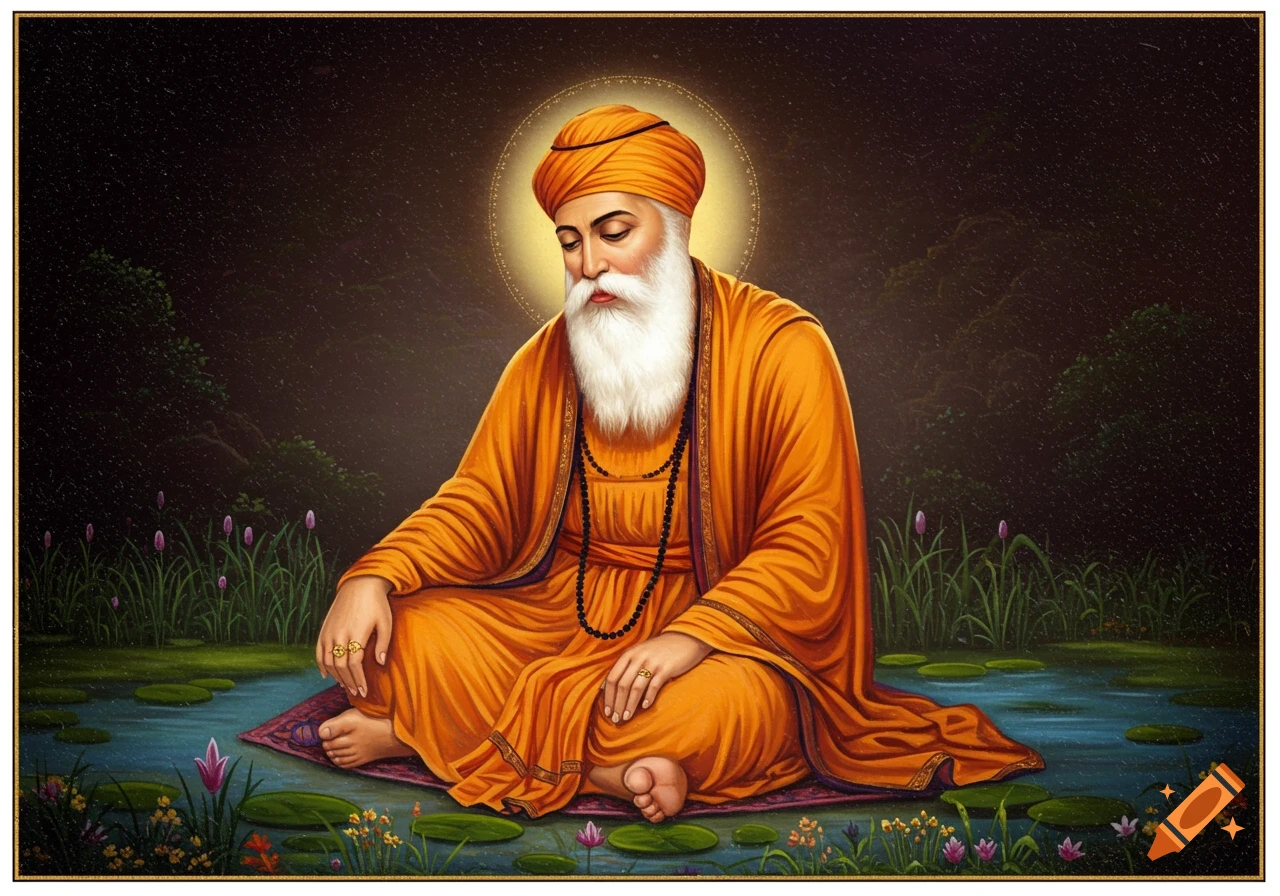 Guru Nanak seated on a mat by a pond with lily pads.