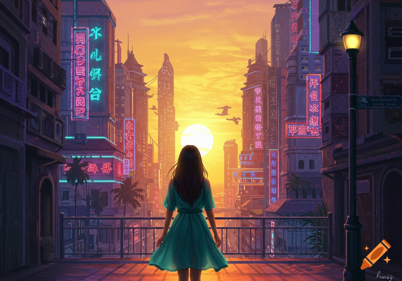 A person watches the sunset over a futuristic neon city.