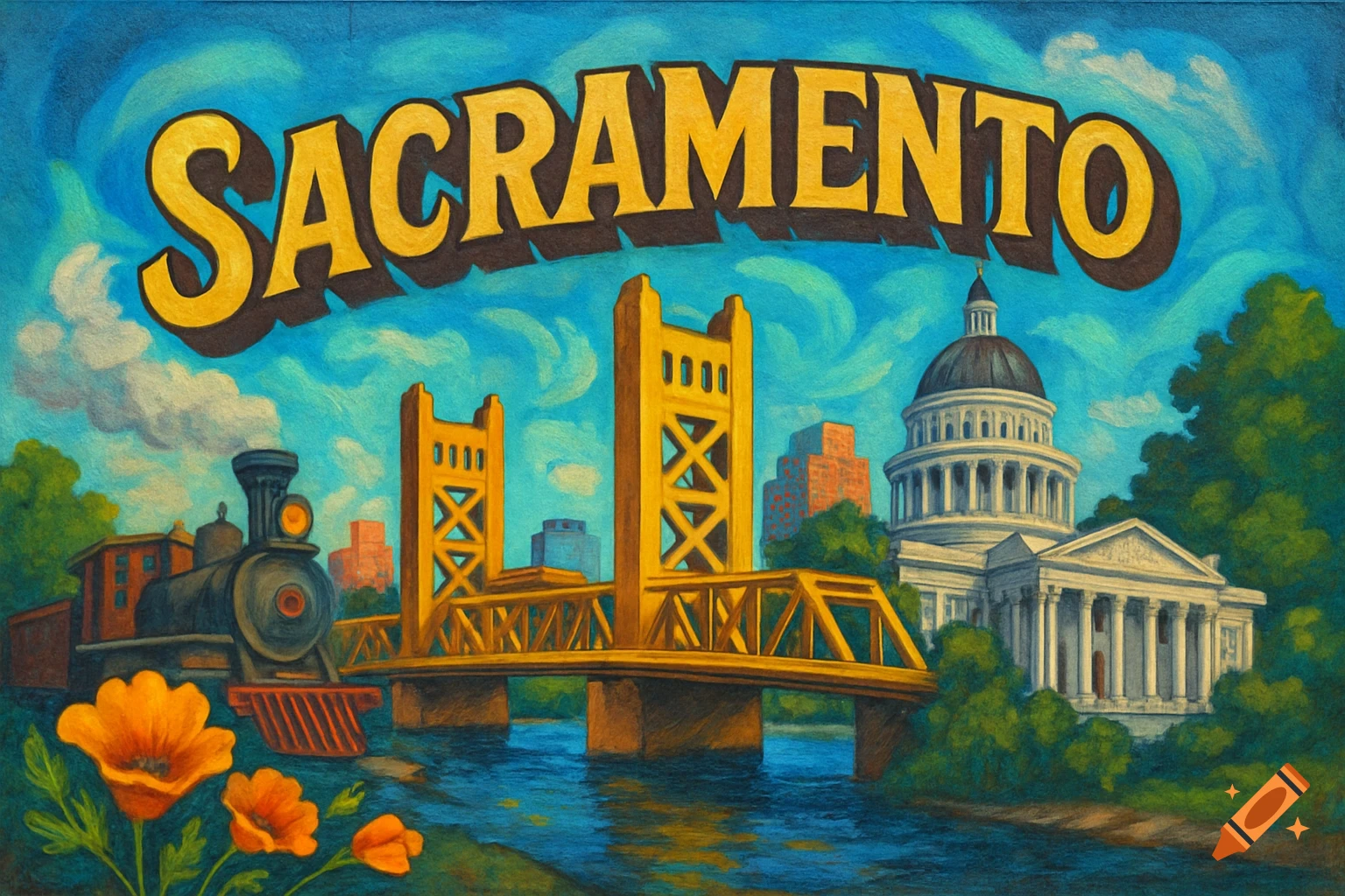 Mural art style of Sacramento with Tower Bridge, Capitol building, train, river, flowers, and the word SACRAMENTO