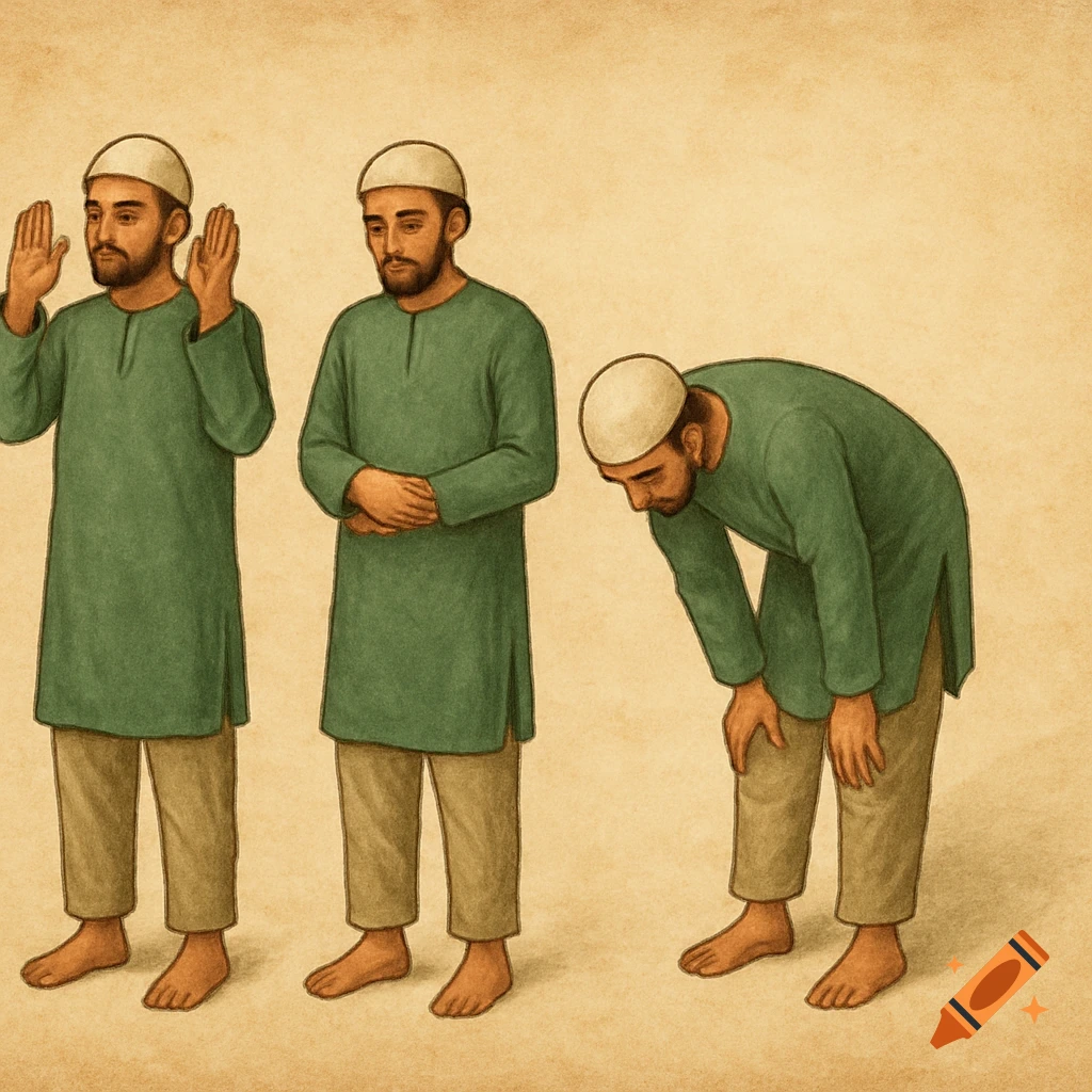 Image of a man showing three steps of Muslim prayer in a green tunic.