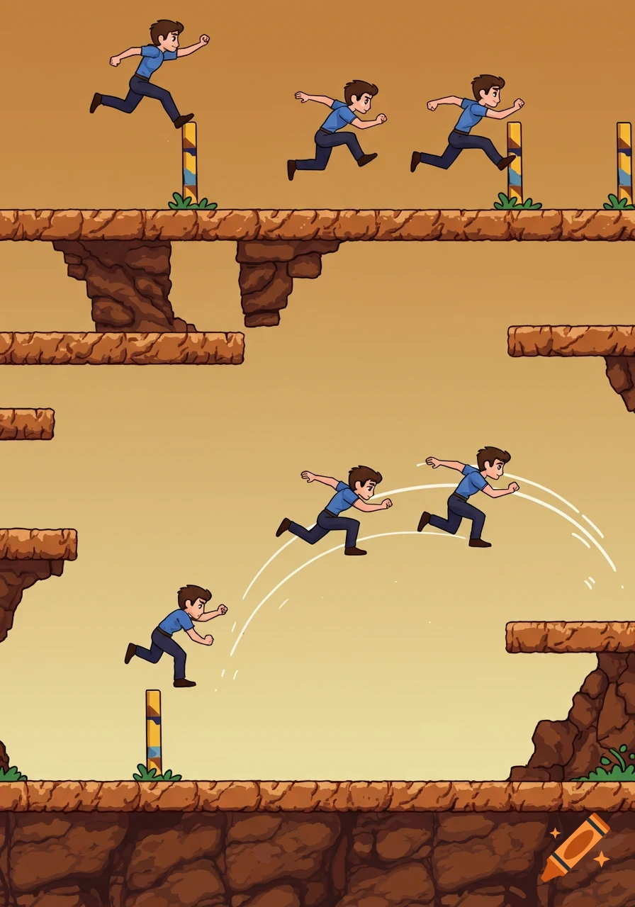 Cartoon character running and jumping on platforms in a side-scroller game style.