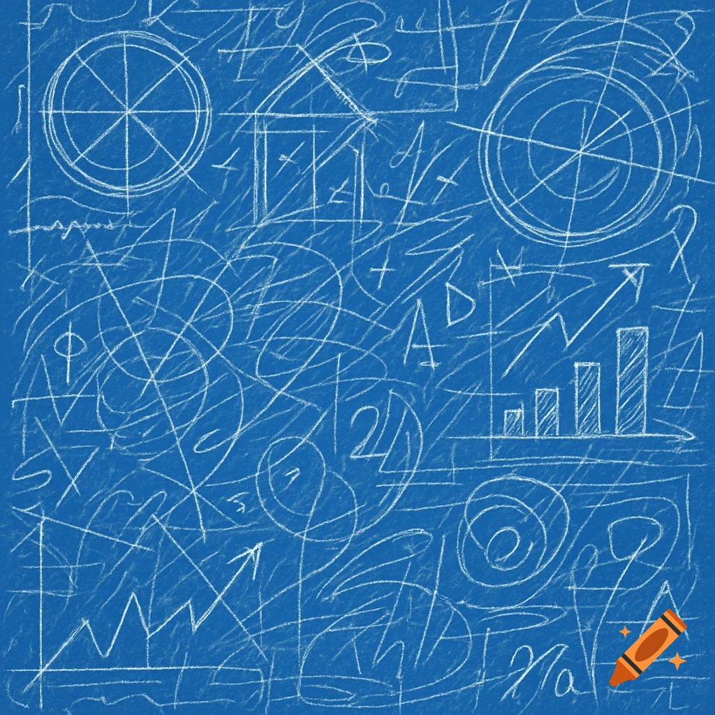 White scribbles including math symbols and graphs on a blue background, in a blueprint style.