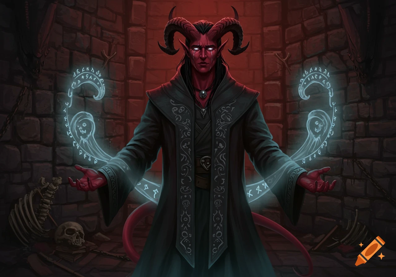 A male Tiefling wizard with red skin and horns casts a spell in a dungeon.