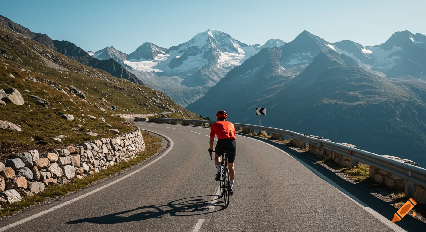 A cyclist in a red jersey rides up a mountain road with snow-capped peaks in the background.