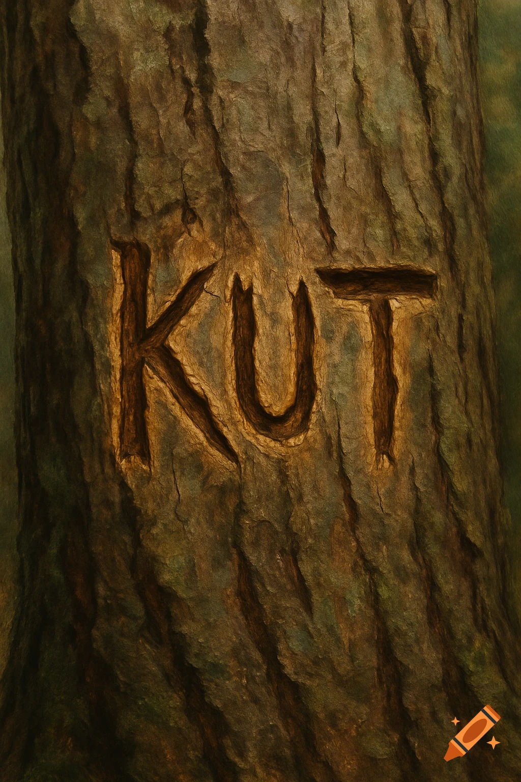 The word KUT carved into the bark of a tree.