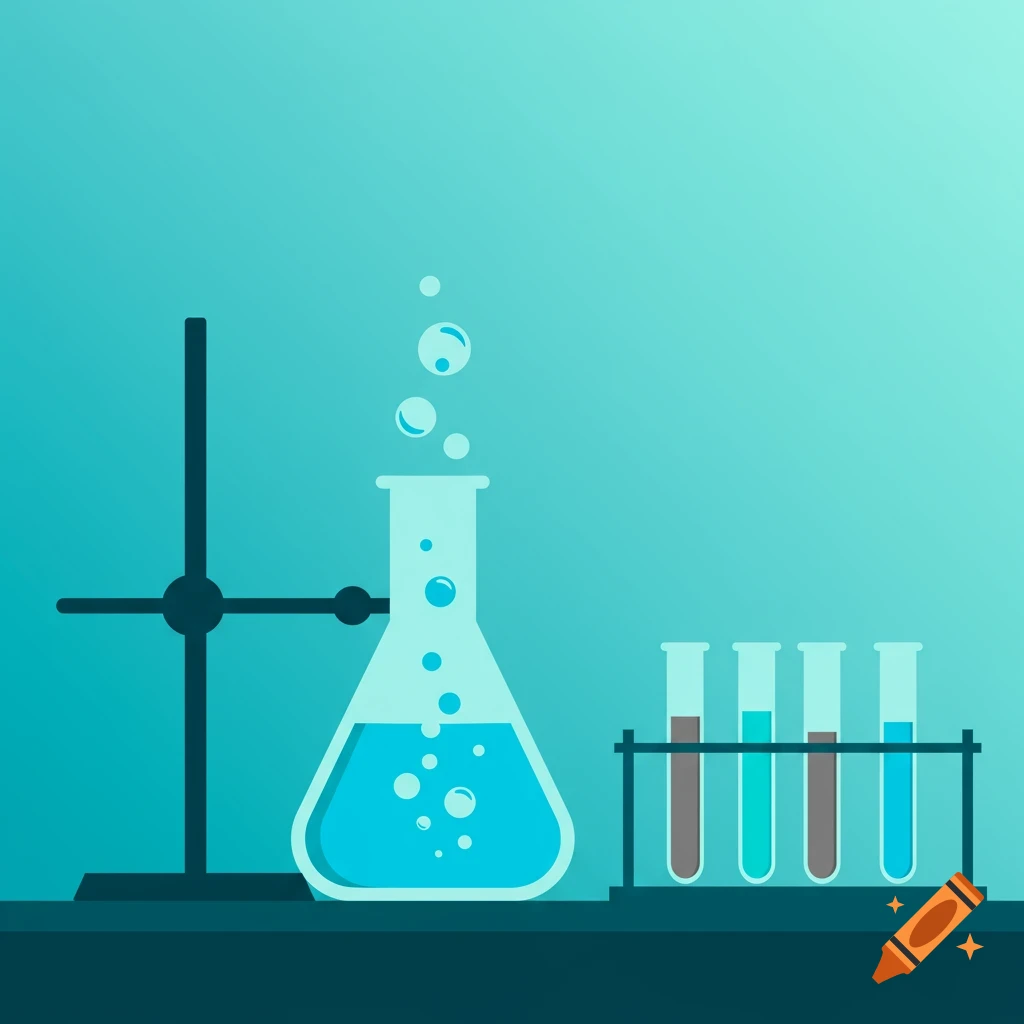 Simple illustration of a chemistry experiment with a flask and test tubes against a turquoise gradient background.