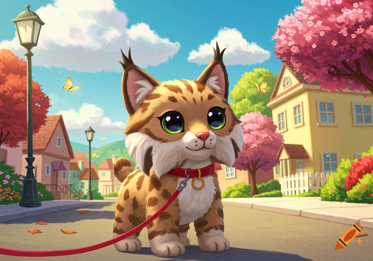 A fluffy cartoon lynx plushie is walked on a leash down a sunny street with colorful houses.