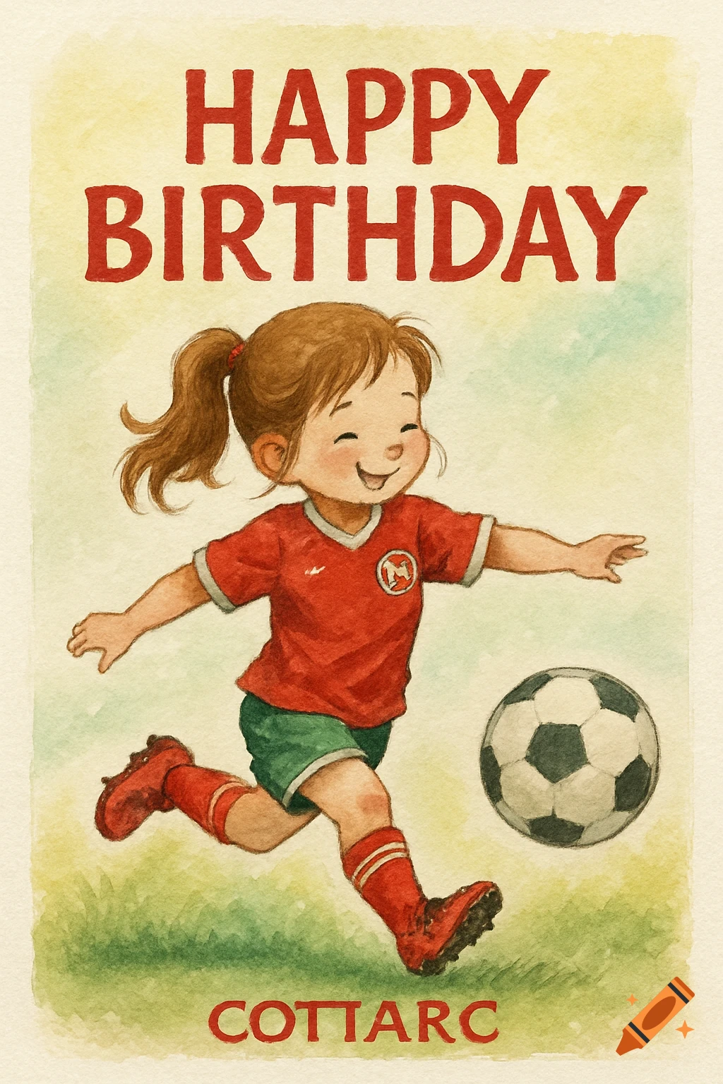Watercolor painting of a child playing soccer with 'Happy Birthday' text.