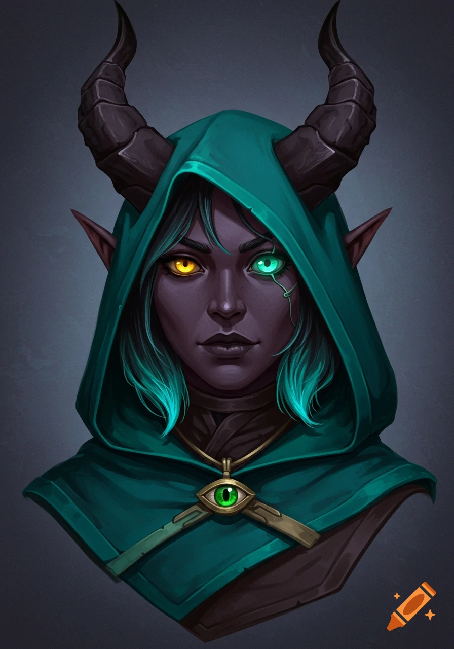 A character with charcoal skin, a gold eye, and a glowing green eye wears a teal hooded cloak and an eye pendant.