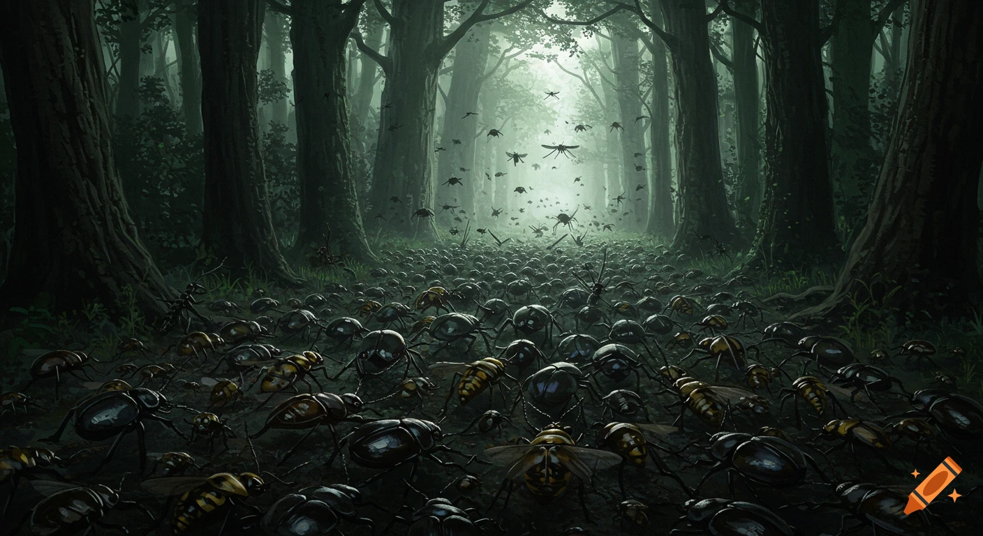 An army of beetles, wasps, and mosquitoes advances through a dark, misty forest.