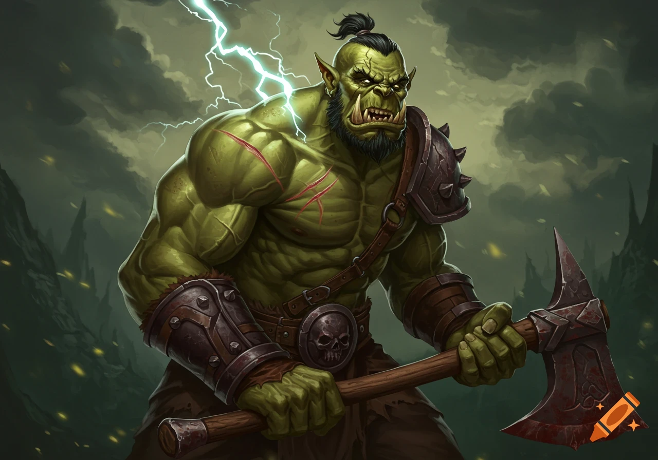 A muscled green orc is holding a bloody axe against a dark sky with lightning.