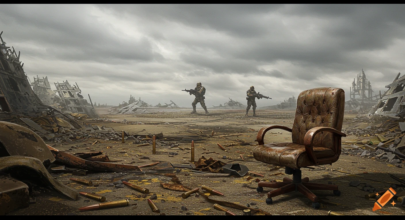 A post-apocalyptic landscape with a rusted office chair, scattered bullets, and two soldiers in the distance.