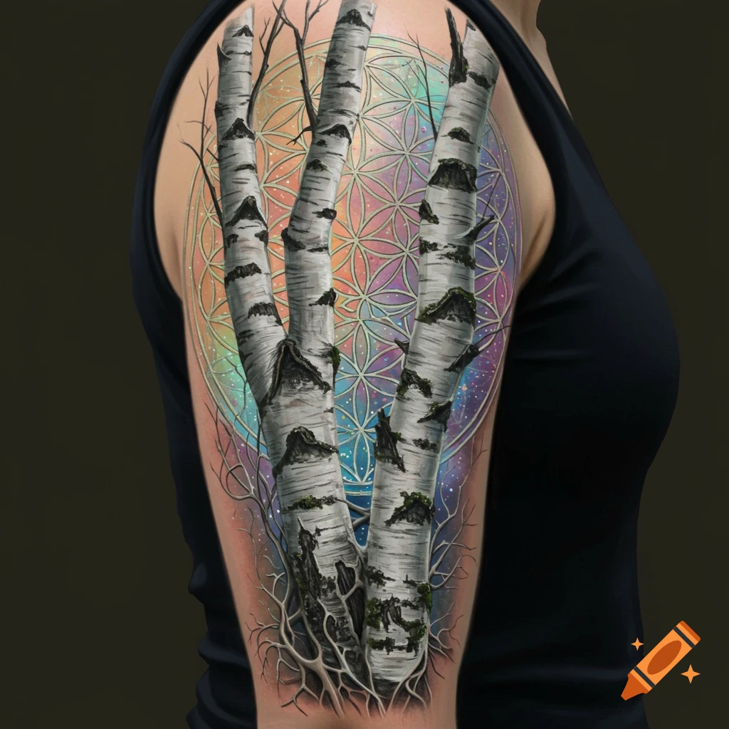 A tattoo on an arm showing white birch trees growing from a colorful Flower of Life pattern.