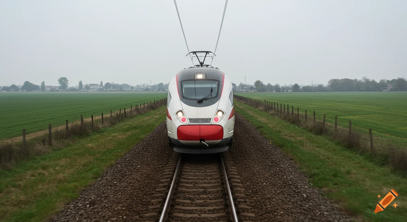 A white and red train approaches on a railway track through green fields.
