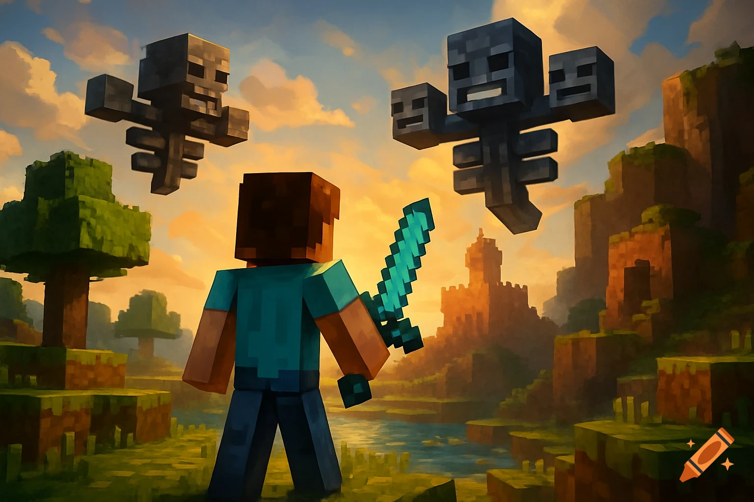 A Minecraft character is facing two floating Wither skeletons.
