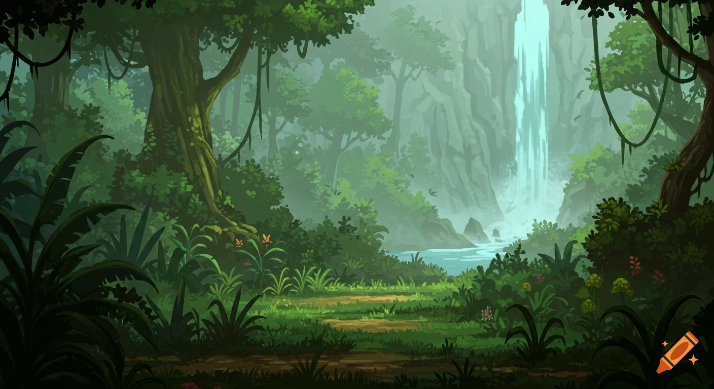 A lush green jungle with a waterfall cascading down cliffs and a path winding through the foliage.
